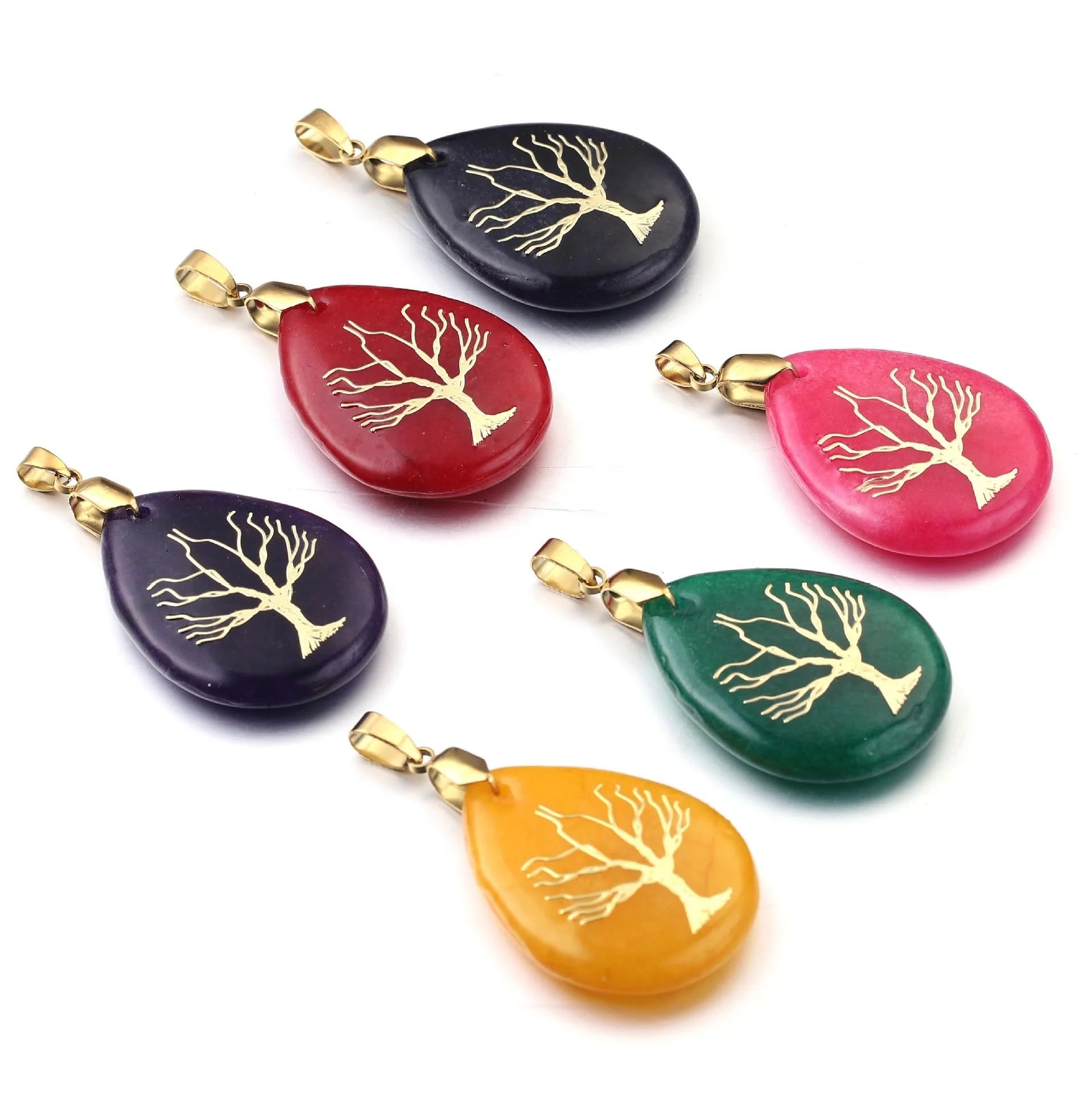 Natural Stone Drop Tree of Life Pendant Necklace Crystal Stone Jade Multicolor Gemstone Pendant Jewelry