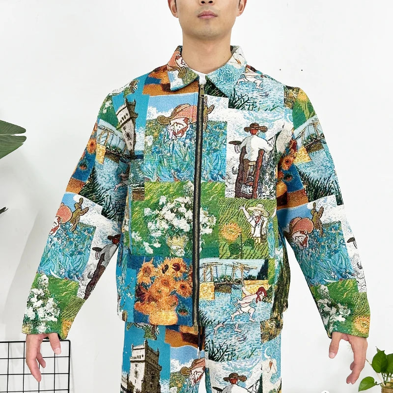 Outdoor High Street Design Eco-Friendly Tapestry Zip Jacket Autumn Standard Plus Size Jacquard Woven Clothing Men OEM Service