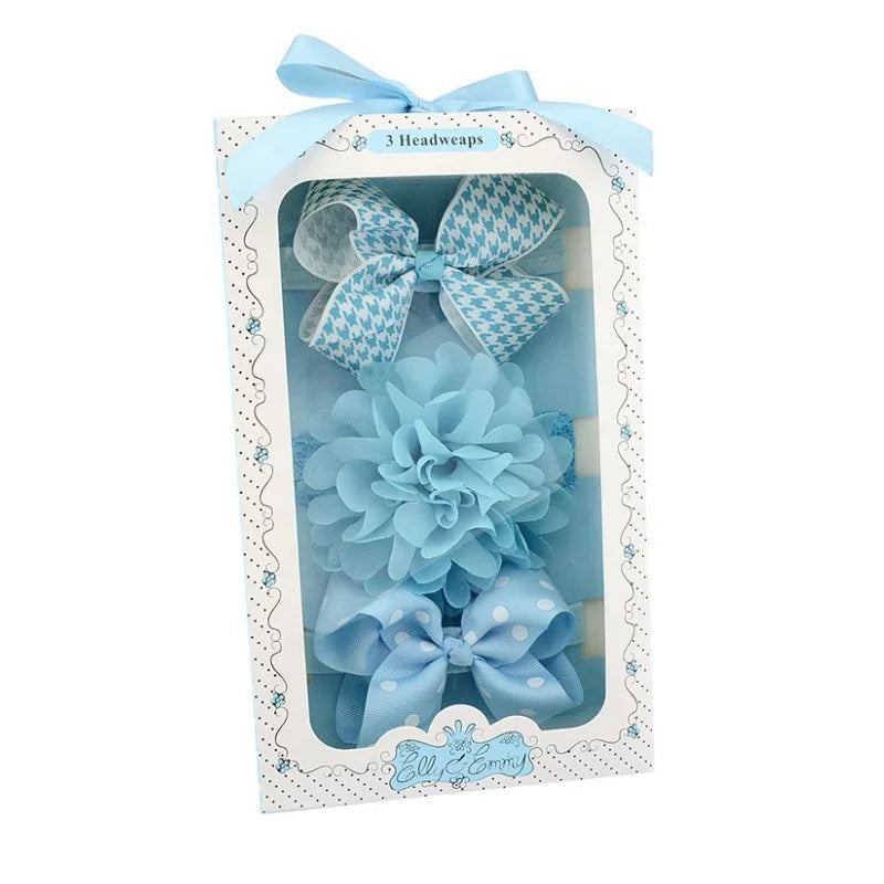 Fashionable Lovely Hairband Flower Bow 3pcs Headwrap Set Girls Gifts Hairband Set With Box