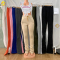 Wholesale Winter Women Mid Thick Waist Drawstring Pleated Flare Pants Thick  Sweat Stacked Leggings