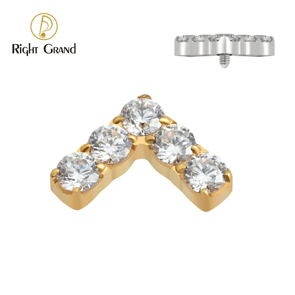 Right Grand ASTM F136 Titanium Prong Setting CZ Boomerang Internally Threaded Labret Top Ends