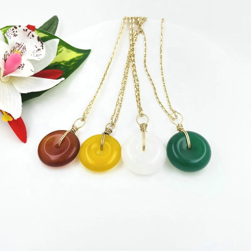 Jade Pendant Necklace Agate Nature Stone Jewelry for Women Kid and Young Girl with Chain Ruby Green Topaz Brown pink White Opal