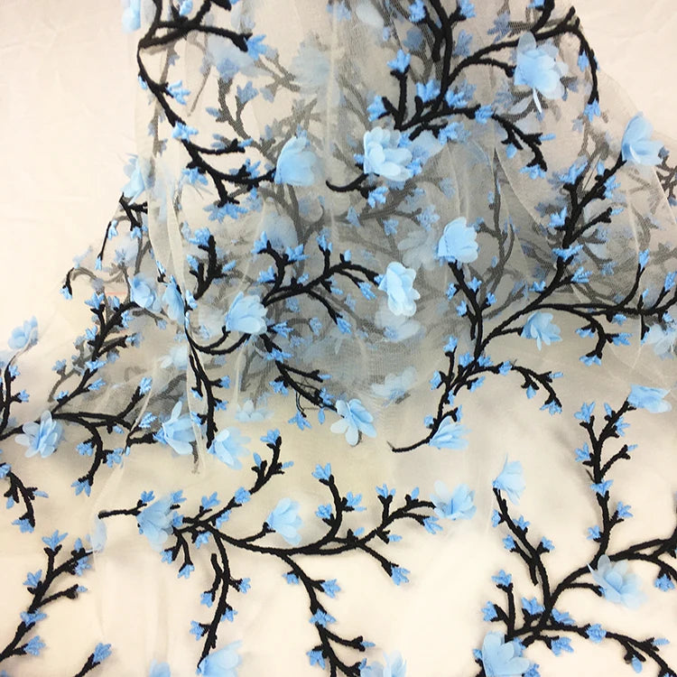 Chinese Knitted Mesh Fabric with Colored 3D Flower Embroidery Eco-Friendly Lightweight Tulle for Wedding Dresses and Boys Bags