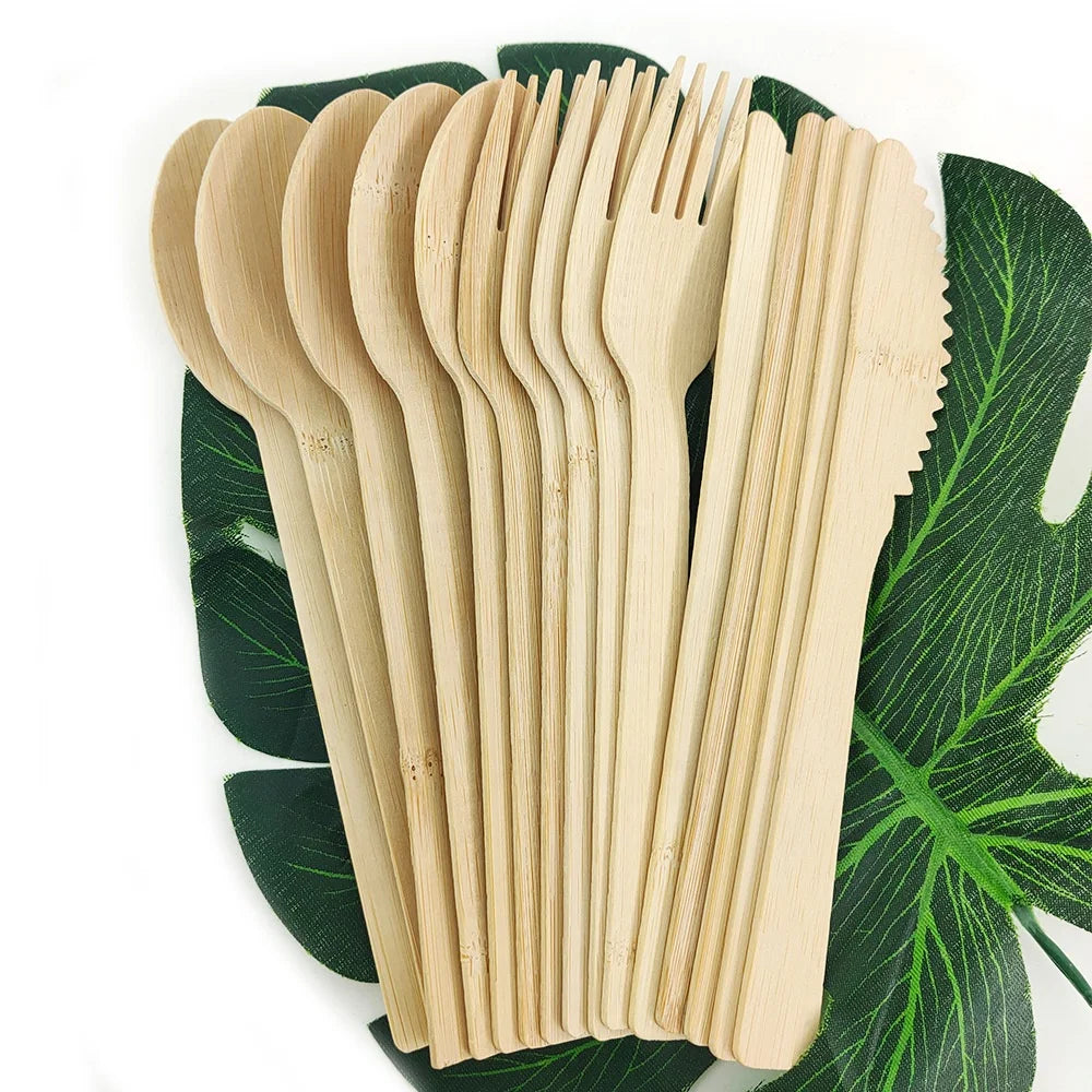Hot Selling 2024 Disposable Bamboo Wooden Cutlery Set 150PCS 50 Forks 50 Knives 50 Spoons Compostable Flatware Utensils