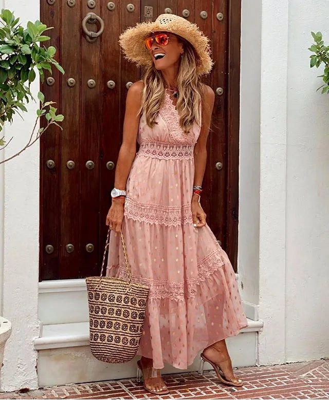 Women's Summer New Sexy Deep V-Neck Sleeveless Chiffon Dress Spliced Midlength Dress
