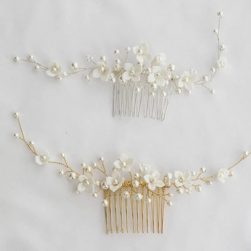 SLBRIDAL Handmade Crystal Rhinestone Pearls Ceramic Flower Bridal Hair Comb Wedding Hair Accessories Bridesmaids Women Jewelry