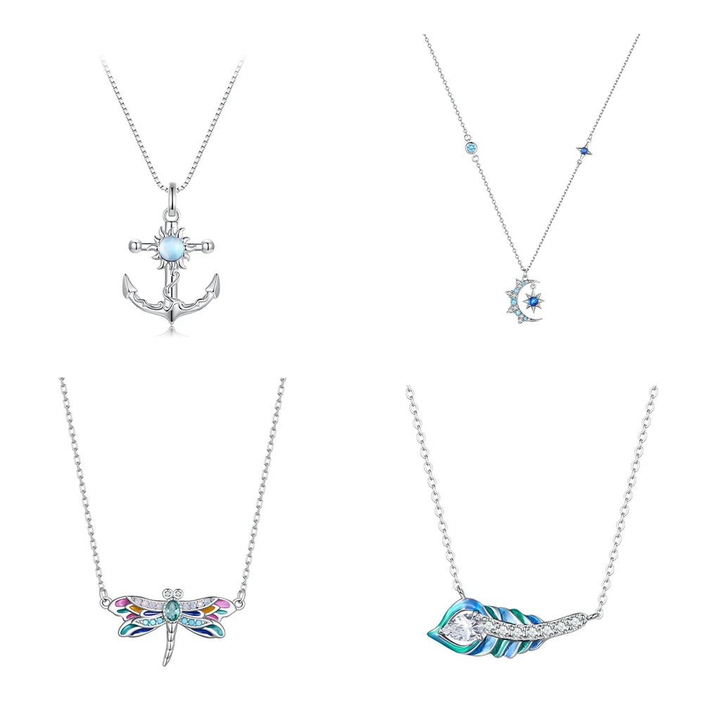 925 Sterling Silver Peacock Feather Necklace - Moon Star Zircon Enamel Pendant Hypoallergenic Valentine Gift Adjustable Chain