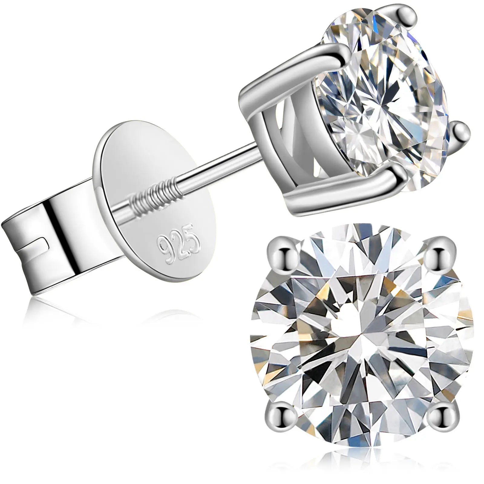 Classic 4 Prong Fine Stud Earrings 5mm 6mm 8mm 925 Sterling Silver White Gold Sparkly Lab VVS Moissanite Ear Stud for Men