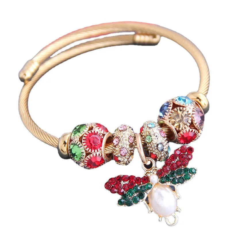 Adjustable Woman Bracelet with Creative DIY Bee Rhinestone Pendant New Gold Fashion Jewelry