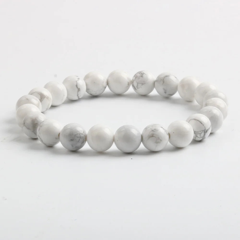 Hot Selling Unisex 8mm Polished Natural stone Jewelry White Howlite Bracelet for Gifts