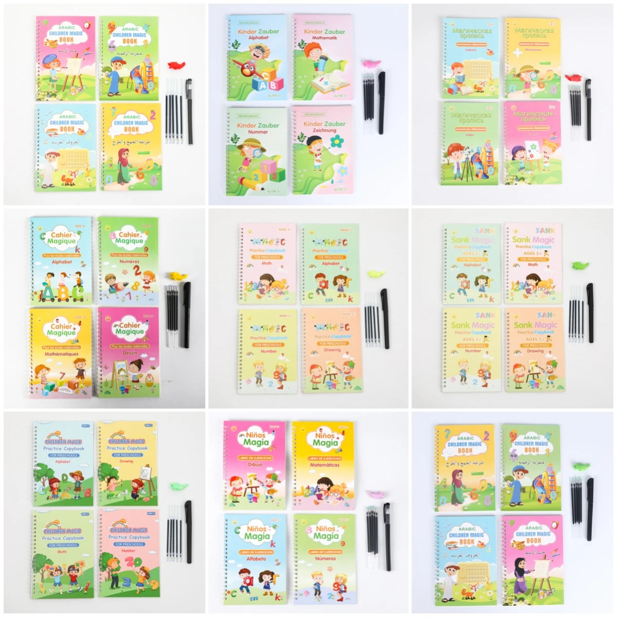 4 PCS/SET English French Arabic Spanish German Russian Sank Magic Books with Pen Reusable Kids Educational Books MegaBDM