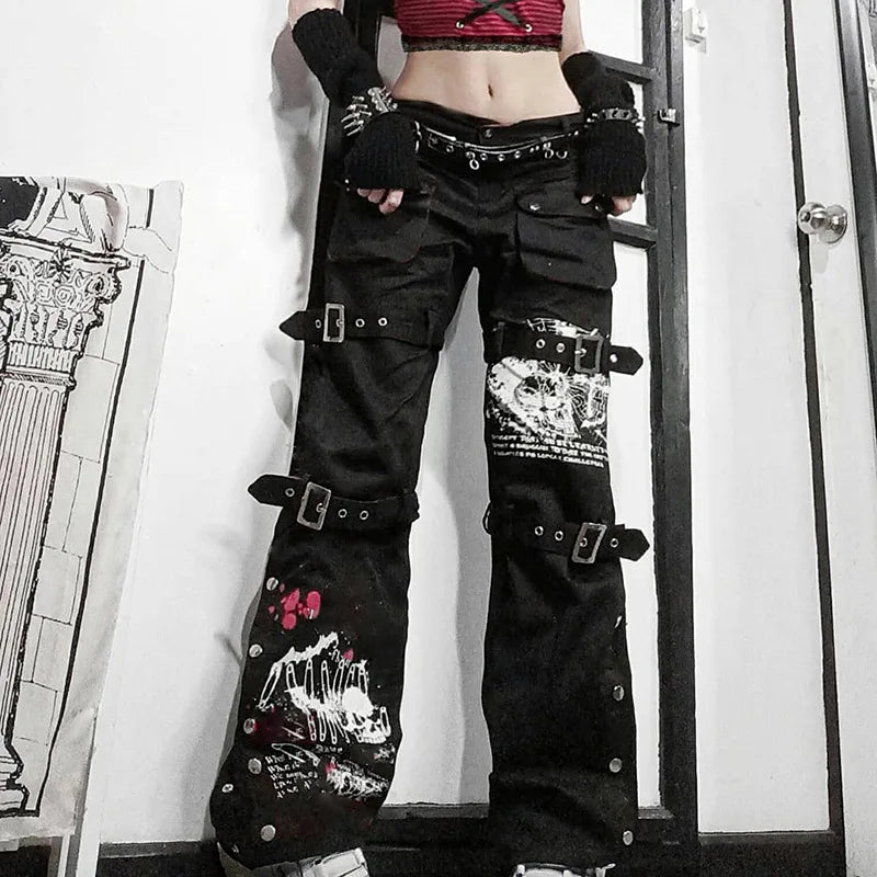 Hight Waist Split Dark Aesthetic Belt Y2K Punk Harajuku Baggy Print Buckle Grunge Jeans Button Cargo Sweatpants Pants Women