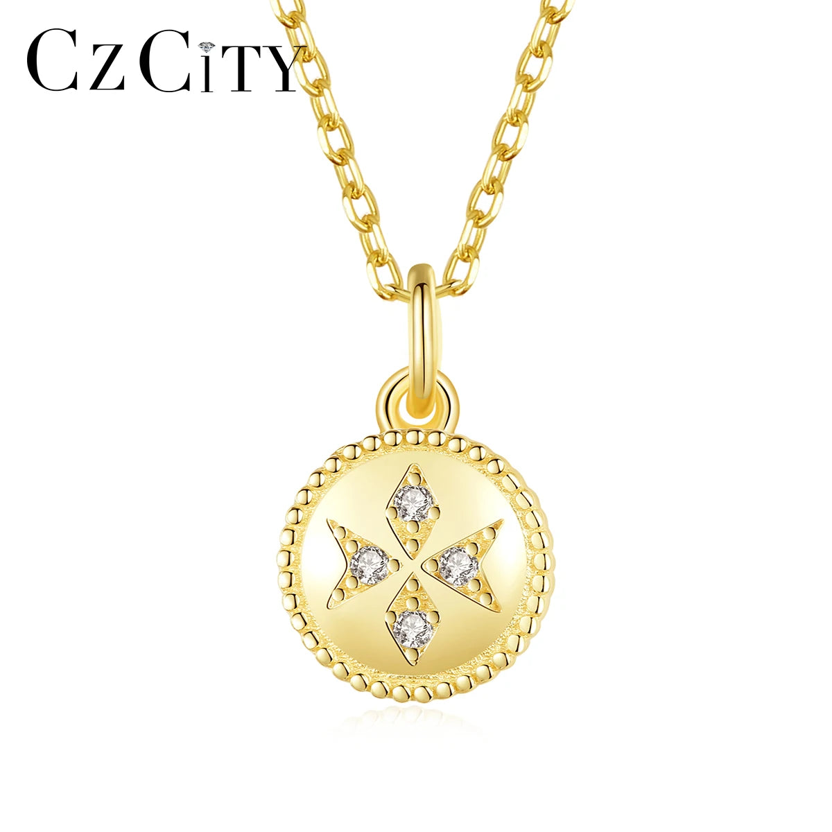 CZCITY 2023 Simple Coin Necklace 14K Gold Plated 925 Silver Women Pendant Chain Necklace