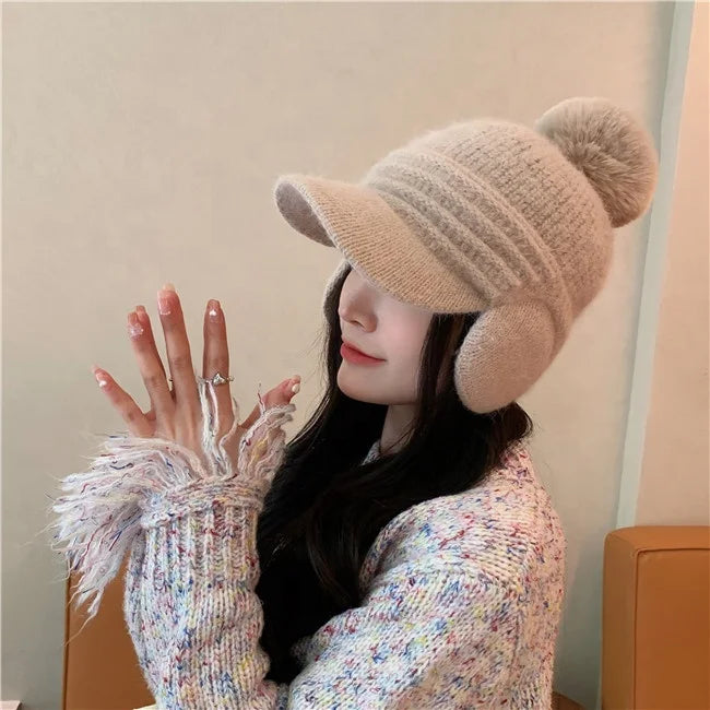 New Arrival 2022 Women Fashion Winter Warm Acrylic Knit Baseball Cap Hat With Earmuff