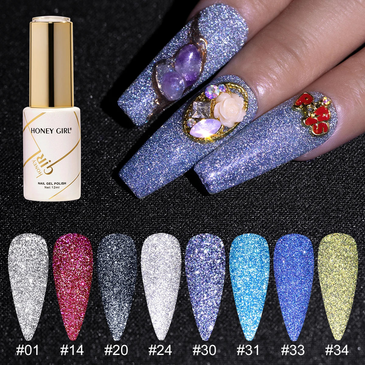 HONEY GIRL OEM High Quality 12ml UV Gel Nail Polish Private Label Diamond Reflective Rhinestone Glitter Gel for Nail Art