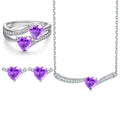 Purple Heart Double Zircon 925 Silver Ring Earring and Necklace Jewelry Set for Women