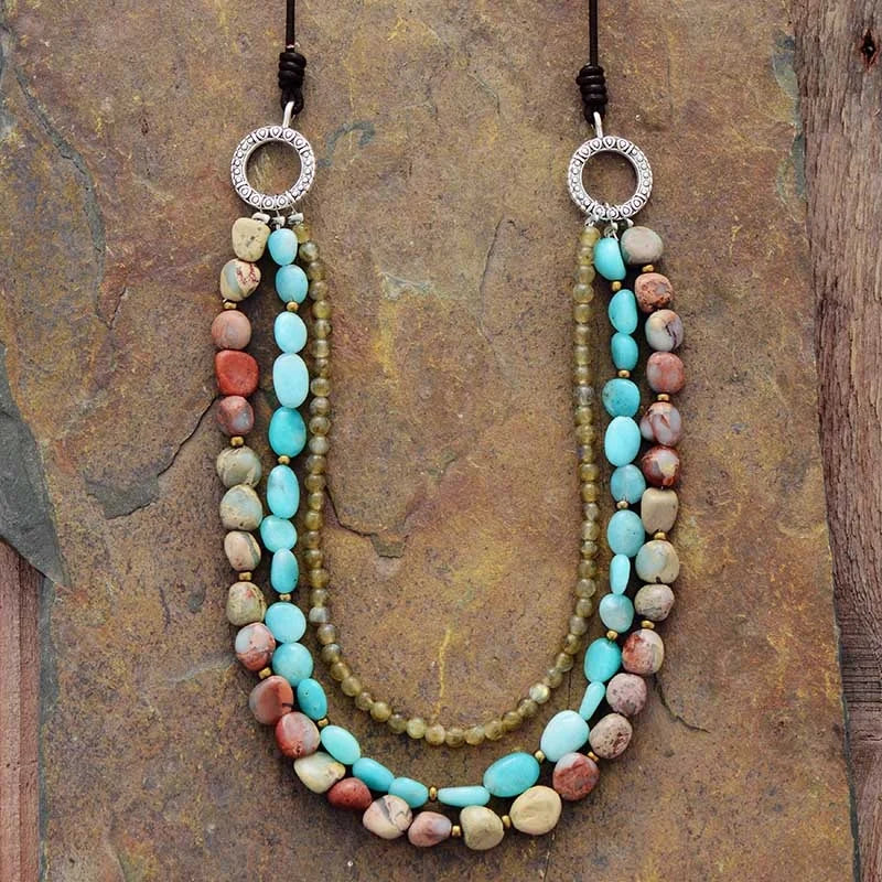 Vintage Multilayer Women's Necklace Natural Stones Leather Strand Fashion Statement Jewelry for Wedding Zinc Alloy Jade Chain