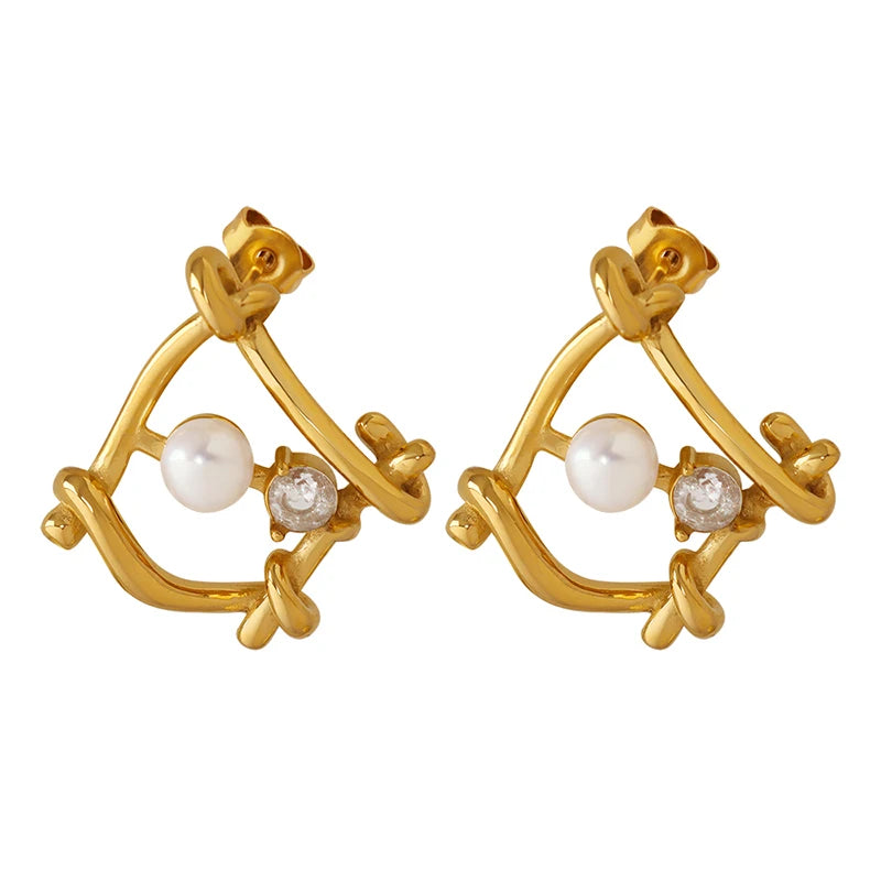 Fashion Jewelry Earrings Women Hollowed Out 18k Stainless Steel Pearl  Stud Earrings