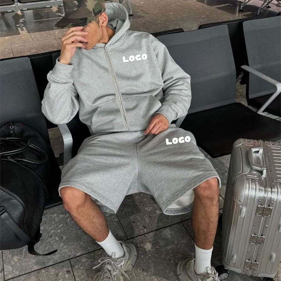 Fashion Heavyweight Fleece Men Sweatpants and Full Face Zip up Hoodie Set Custom 3D Puff Print 2 Pieces Men Jogger Tracksuit Set