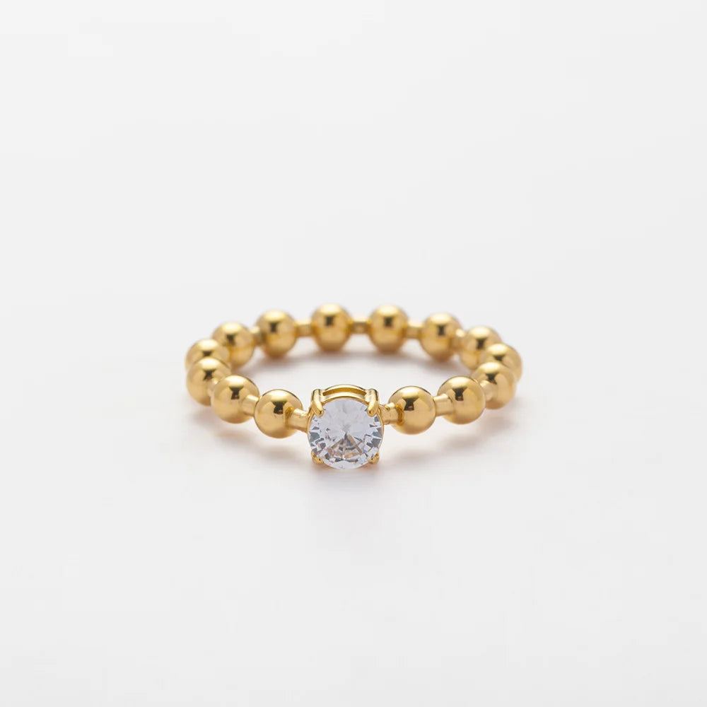 YF4091 High End Simple 18K Gold Plated Stainless Steel Non Tarnish Bead Ring Waterproof Round Ball Claw Zircon Rings for Women