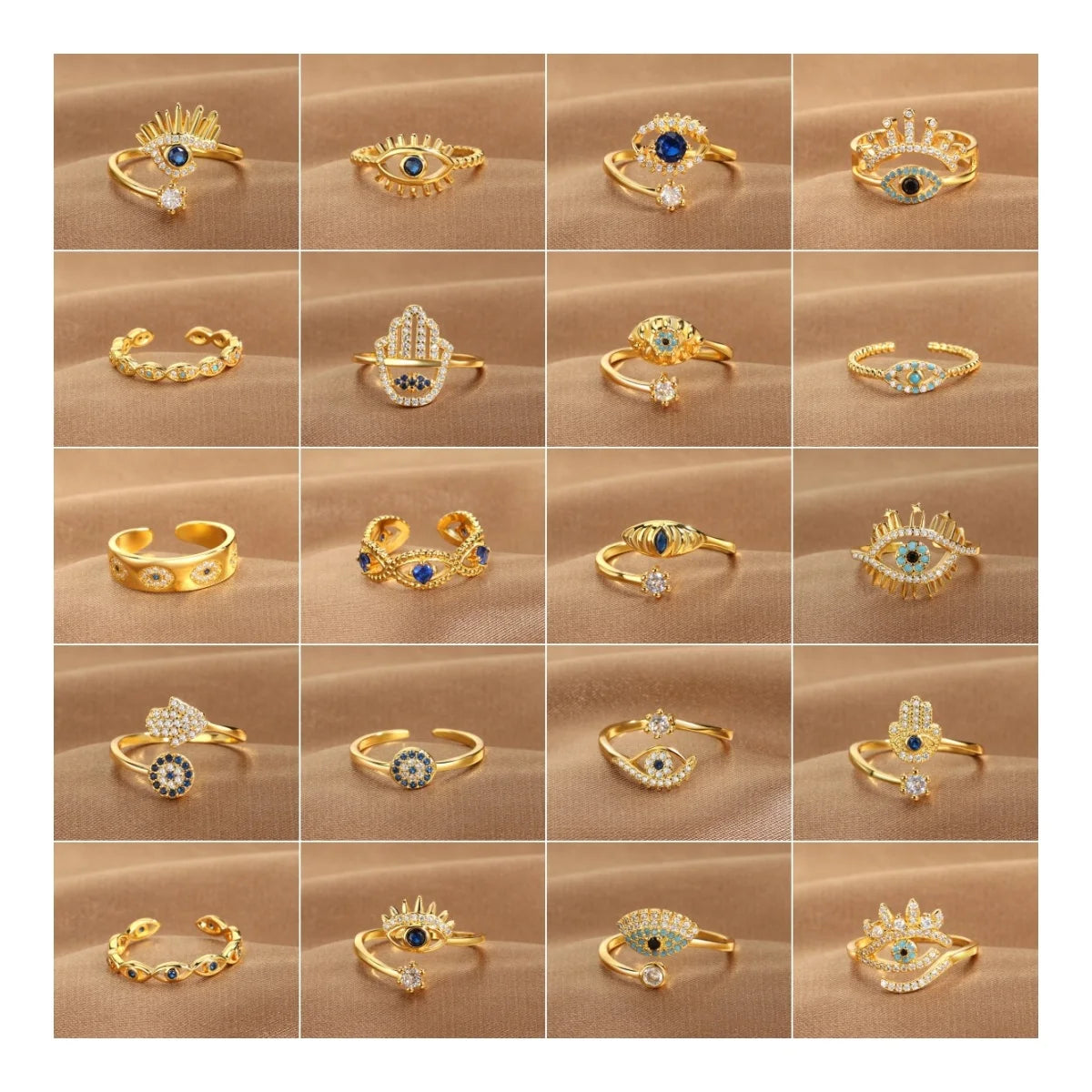 Brass 18k Gold Plated Evil Eye Fatima Hamsa Hand Rings Jewelry Women Adjustable Blue Zircon Open Turkish Evil Eye Ring