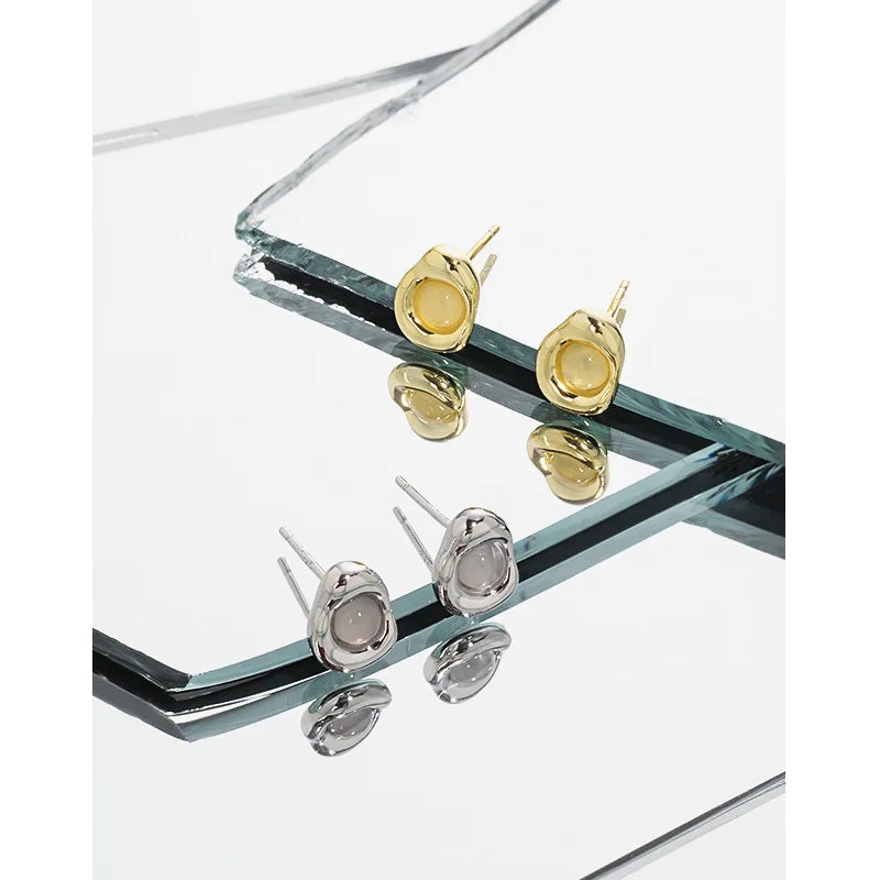 WMEL125 Trendy White Chalcedon Earrings S925 Sterling Silver 925 Gemstone Stud with Gold Plating for Weddings