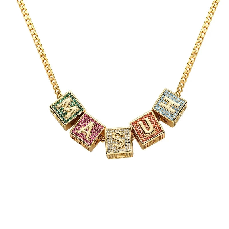 Custom Personality Letter Name Cube Pendants Necklaces for Men Hip Hop CZ Stone Bling Iced Out Rapper Jewelry
