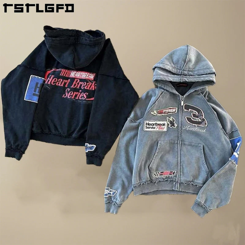 Custom Reversible Stitch Hoodie Applique Distressed Embroidery Stone Wash Oversized Double Hooded Zip up Applique Hoodie