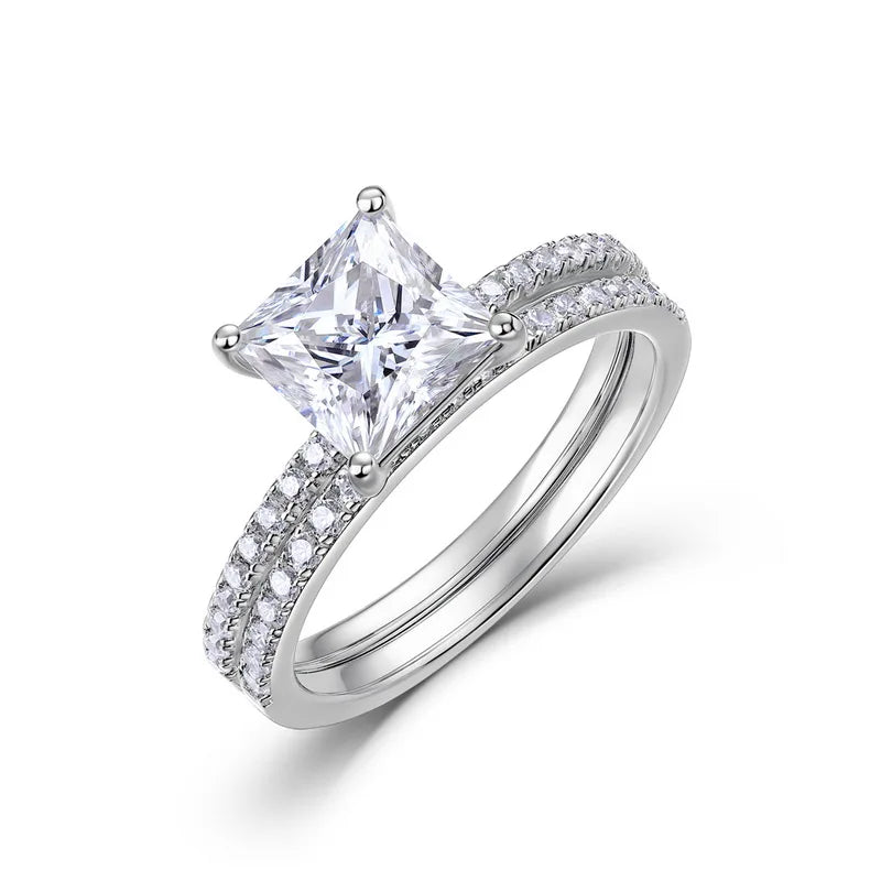 S925 Sterling Silver Princess Cut Moissanite Double Split Shank PavÃ© Engagement Ring for Women Wedding Jewelry
