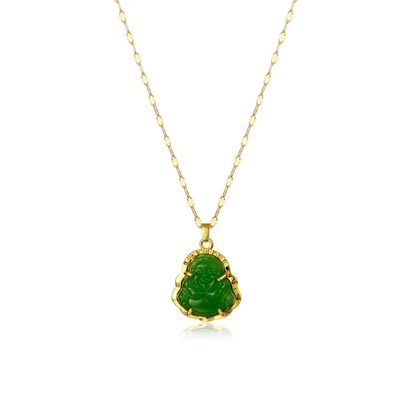 18K Gold Plated Stainless Steel Green Agate Stone Maitreya Buddha Necklace Religion Jade Buddha Pendant Necklace