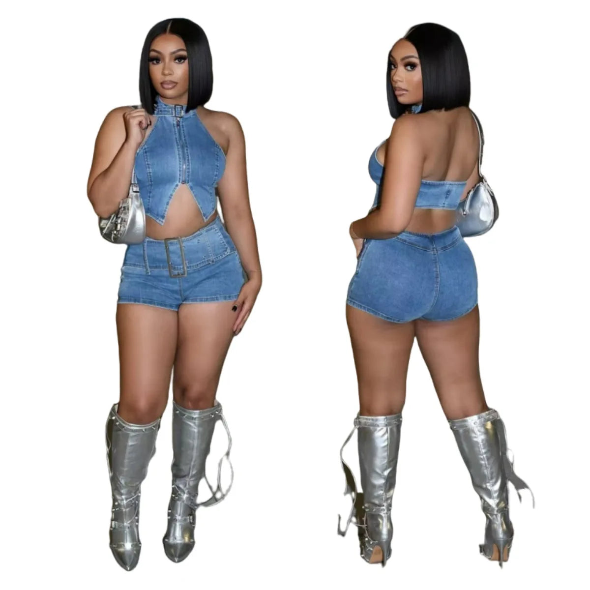 Summer Hot Sale Women Denim Set Sleeveless O Neck Crop Top With Jean Shorts Women Casual Two Piece Set