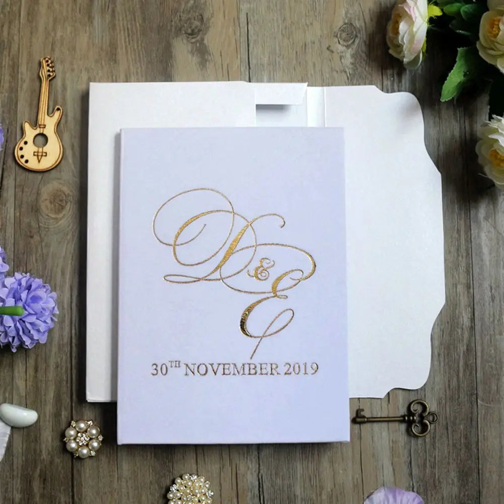 Luxury White Velvet Gold Foil Mirror Acrylic Cards RSVP Wedding Invitations Hardcover Envelope Music Angel Paper Decorations