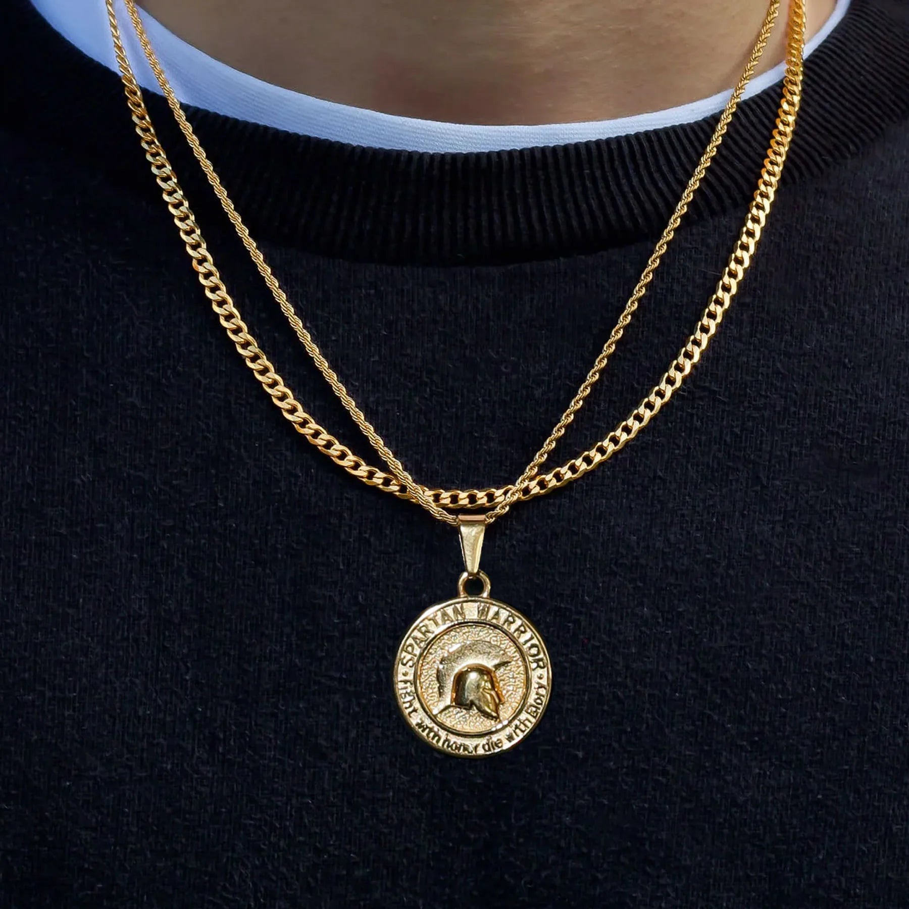 Mens Vintage Spartan Warrior Pendant Cuban Chain Greek Necklace Set for Men Gold Ancient Spartan Man Medallion Leonidas Necklace