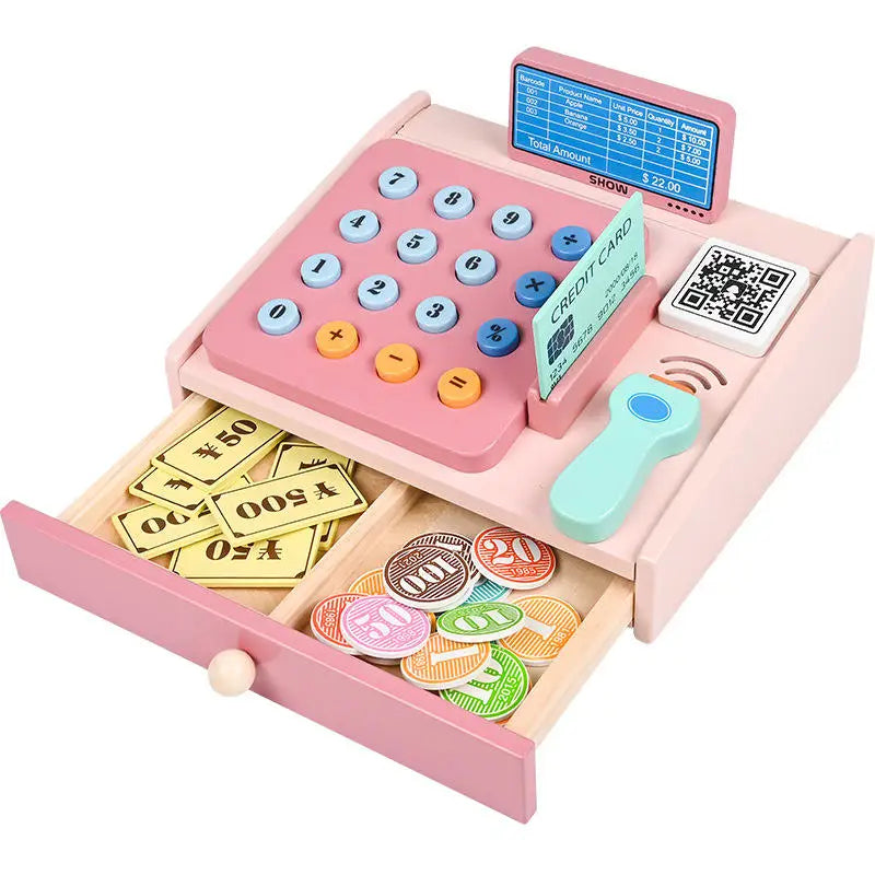 Manufacture Wholesale Custom Children Wooden Pink Cash Checkout Game Educational Pretend Toys for Kids