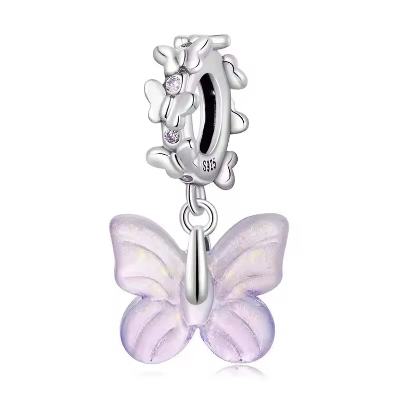 Jewelry Making DIY Custom S925 Sterling Silver Pink Glass Butterfly Bead Charms