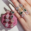 CZ Cubic Zirconia Stackable Adjustable Open Rectangle Pear Shape Engagement Ring Silver Gold Plated Pear and Emerald Cut Ring
