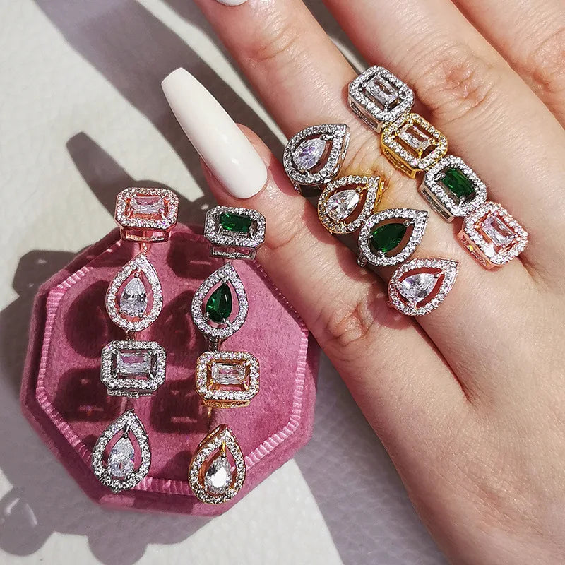CZ Cubic Zirconia Stackable Adjustable Open Rectangle Pear Shape Engagement Ring Silver Gold Plated Pear and Emerald Cut Ring