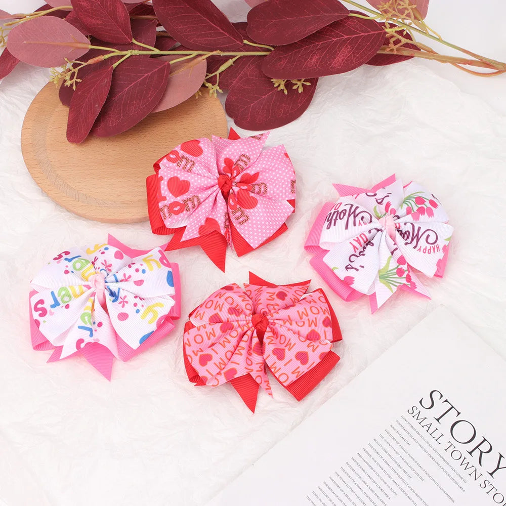 4 Inch Ribbon Boutique  Hairpins Children Girls Red Pinwheel Mother's Day Hair Bows with Clip