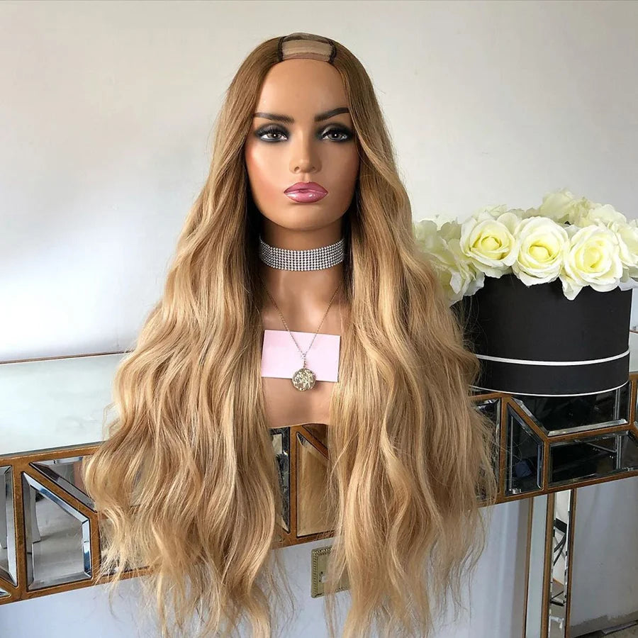 U Part Quality Vendor Honey Blonde Color Natural Wave European Full Cuticle Aligned Human Hair U Part Wigs