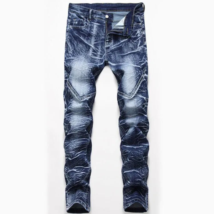 Fashion Snow Washed Patchwork Mens Straight Elastic Jeans Vintage Patch Slim Denim Jeans Long White Cotton Men Jean Trousers
