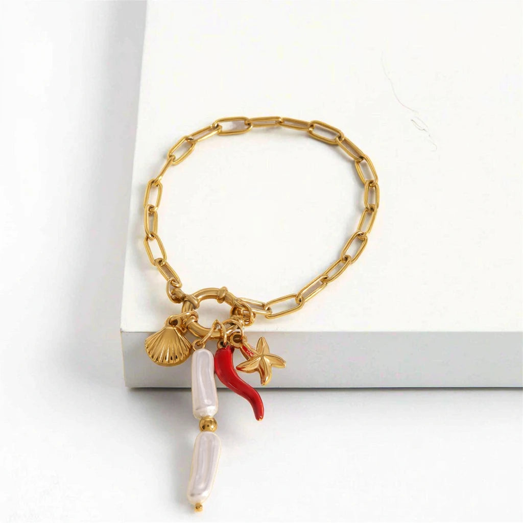 Lateefah Unique Design Women Starfish Chili Pearl Pendant Stainless Steel Bracelet