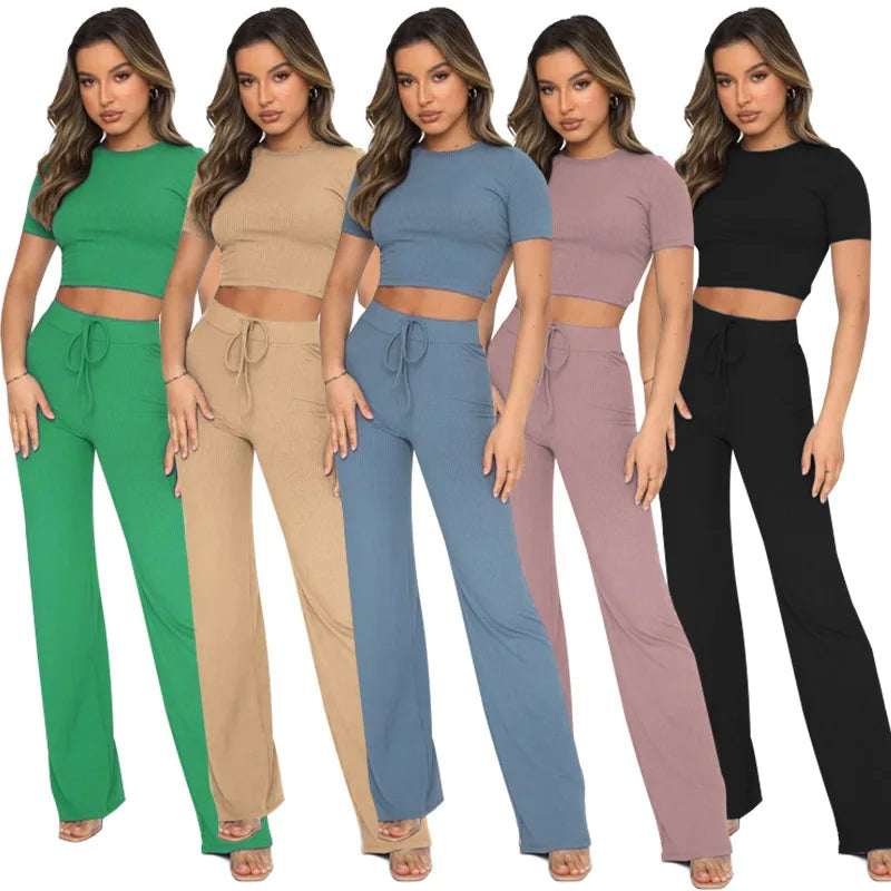 Fashionable Casual 2 Piece Set Women Clothing New Solid Color Slimming Sports Two Piece Suit Vertical Striped Women's Sets