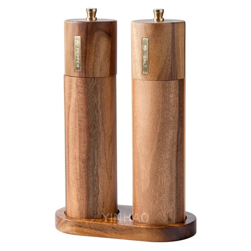 Custom Logo Set of Acacia Wood Salt and Pepper Grinders Wooden Kitchen Spice Mill with Adjustable Coarseness Ceramic Core