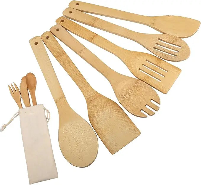6-Piece Bamboo Wooden Spoons for Cooking Wood Spatula Spoon Nonstick Kitchen Utensil Set with 3-Piece