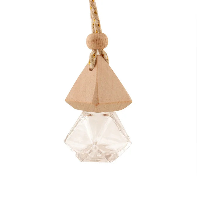 In Stock 8ml Rhombic Shape Glass Hanging Car Perfume Bottle with Trigonal Wooden Cap for Automobile Decoration
