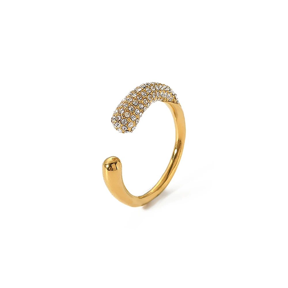 Waterproof Jewelry 18K Gold Plated Stainless Steel Adjustable Irregular Waterdop Shiny Cubic Zirconia Ring