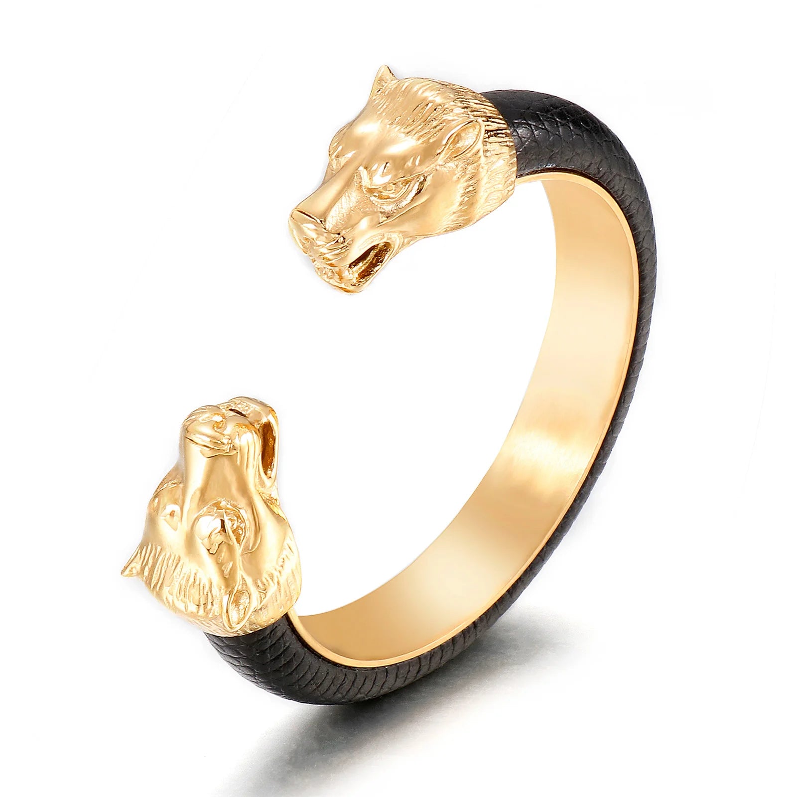 KALEN Personality Stainless Steel Leopard Head Cowhide Open Cuff Jewelry Bangle