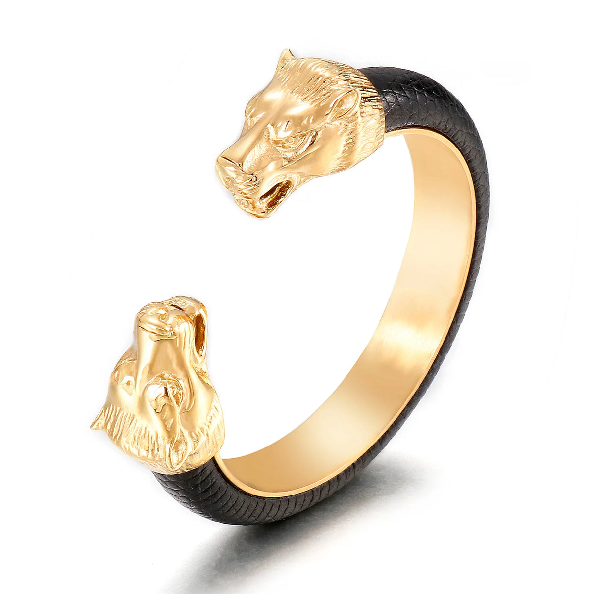 KALEN Personality Stainless Steel Leopard Head Cowhide Open Cuff Jewelry Bangle