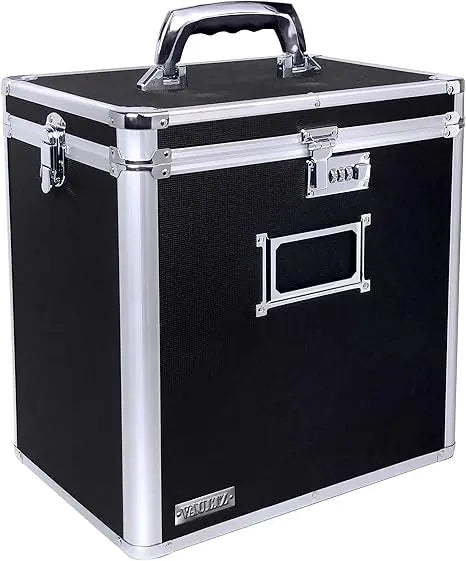 Aluminum Record Storage Box Locking 50 Album Holder Portable Eco-Friendly Luxury Modern Organizer 14.4 X 13.4 X 9.6 Inches