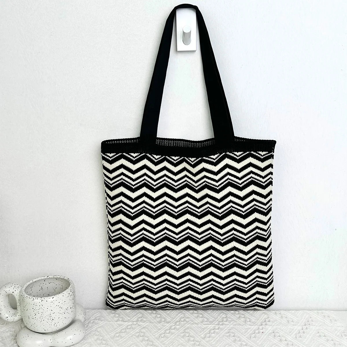 Wholesale Korean Style Chic Tote Bag with Open Closure Solid Color Knitted Crochet Design for Female Shopping
